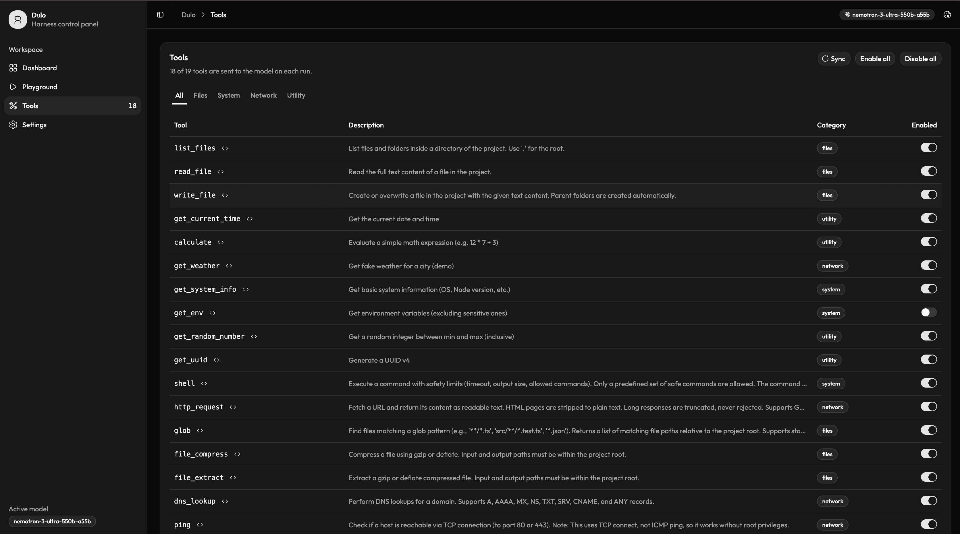 Tool registry showing 18 of 19 tools armed for the next run, each with its category and JSON schema