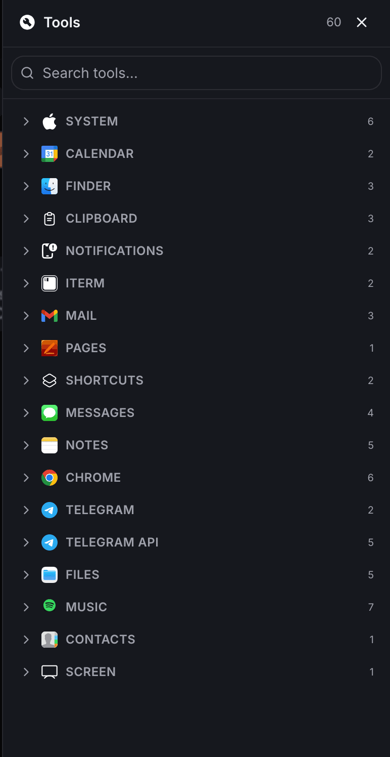 Tool palette listing all 60 tools across 18 macOS app categories