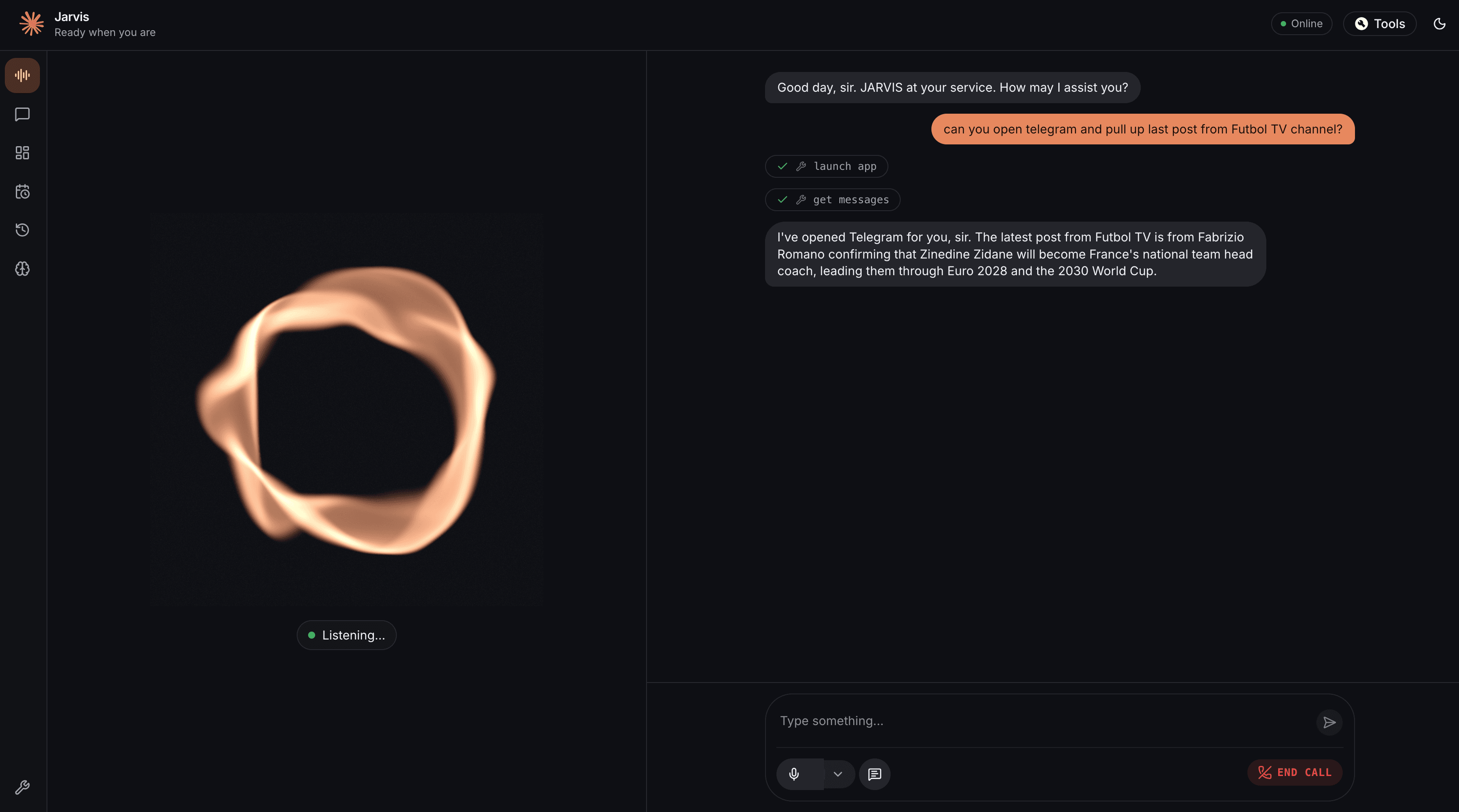 Live voice call with Jarvis — audio-reactive core, streaming transcript, and Mac tool calls shown as they run